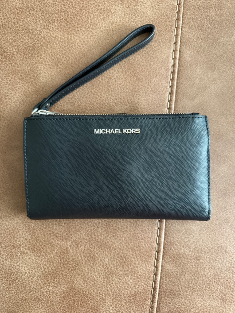 Michael Kors Black Leather Zip Wristlet Wallet with Logo